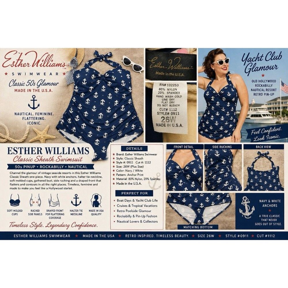 Esther Williams 26W Classic Sheath Swimsuit 50s Pinup Rockabilly Nautical USA